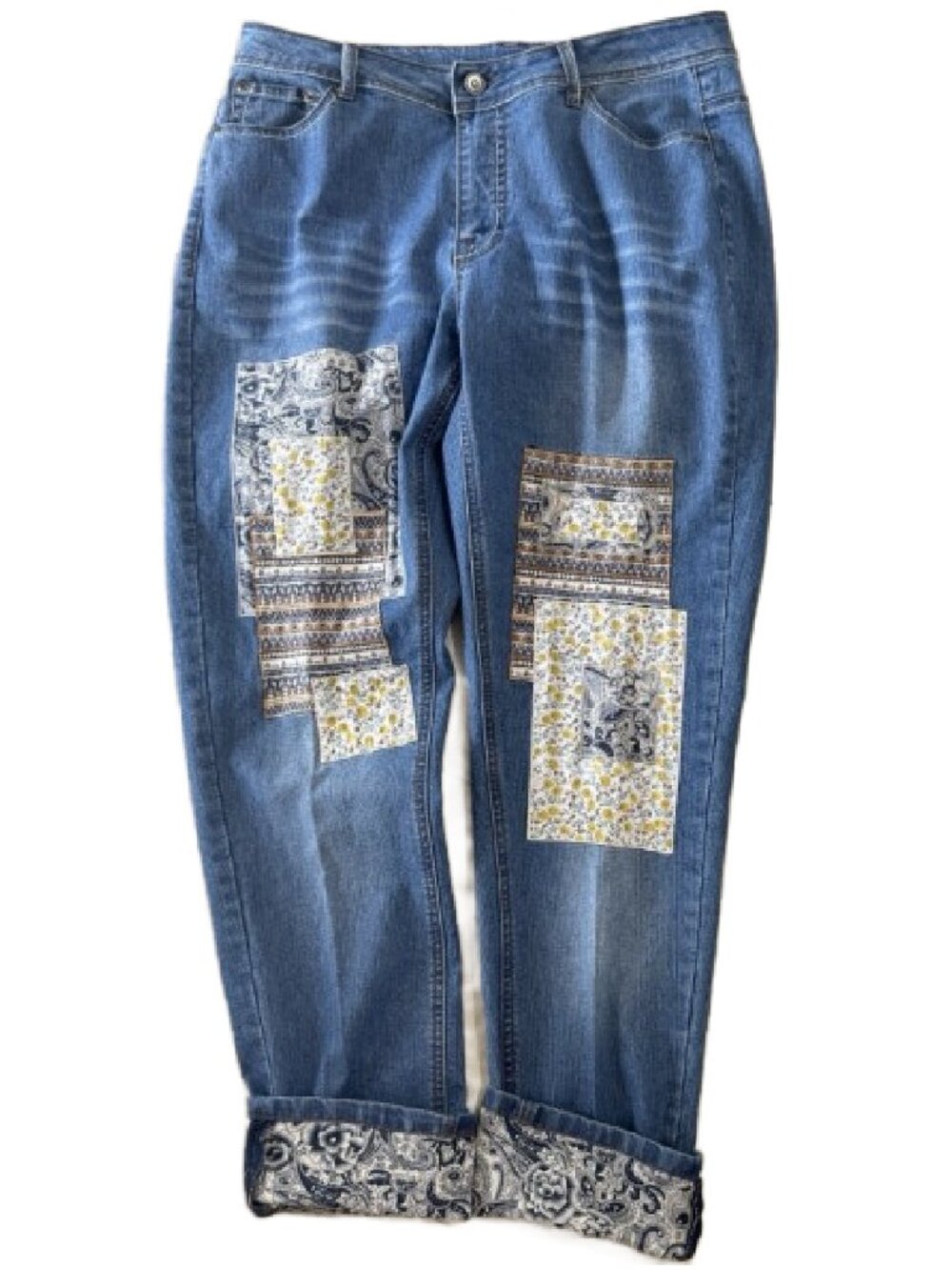 Multiples Crop Denim Jeans Womens 10 Boho Applique' Cuffed Stretchy Straight Leg